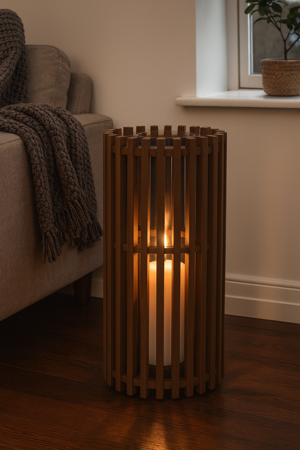 JR60 — premium oak lantern with brass details, lit beside a sofa, designed by JR in Sweden
